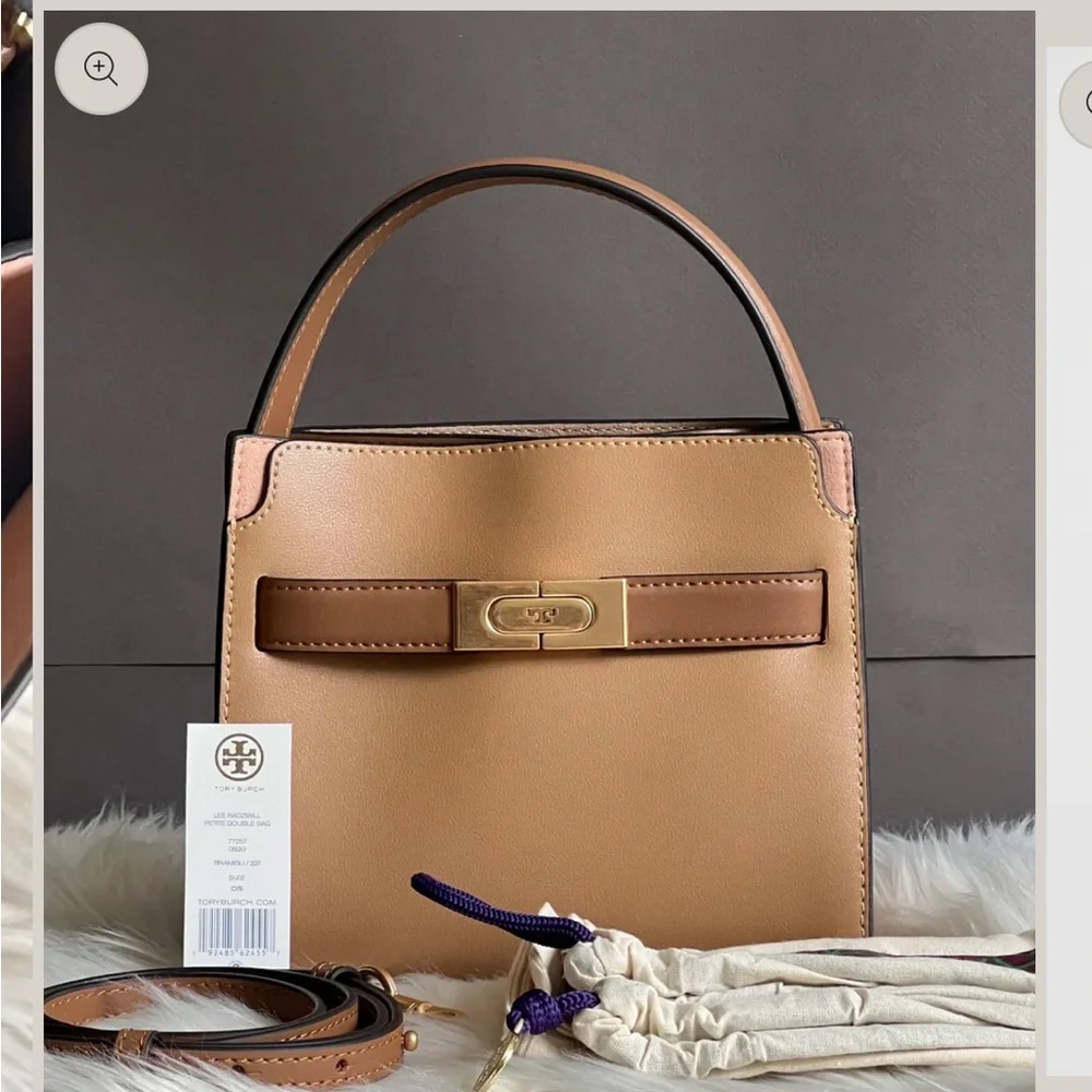 NWT Tory Burch Lee Radziwell Petite Double Bag Tiramisu Tan Leather Crossbody - Picture 1 of 13